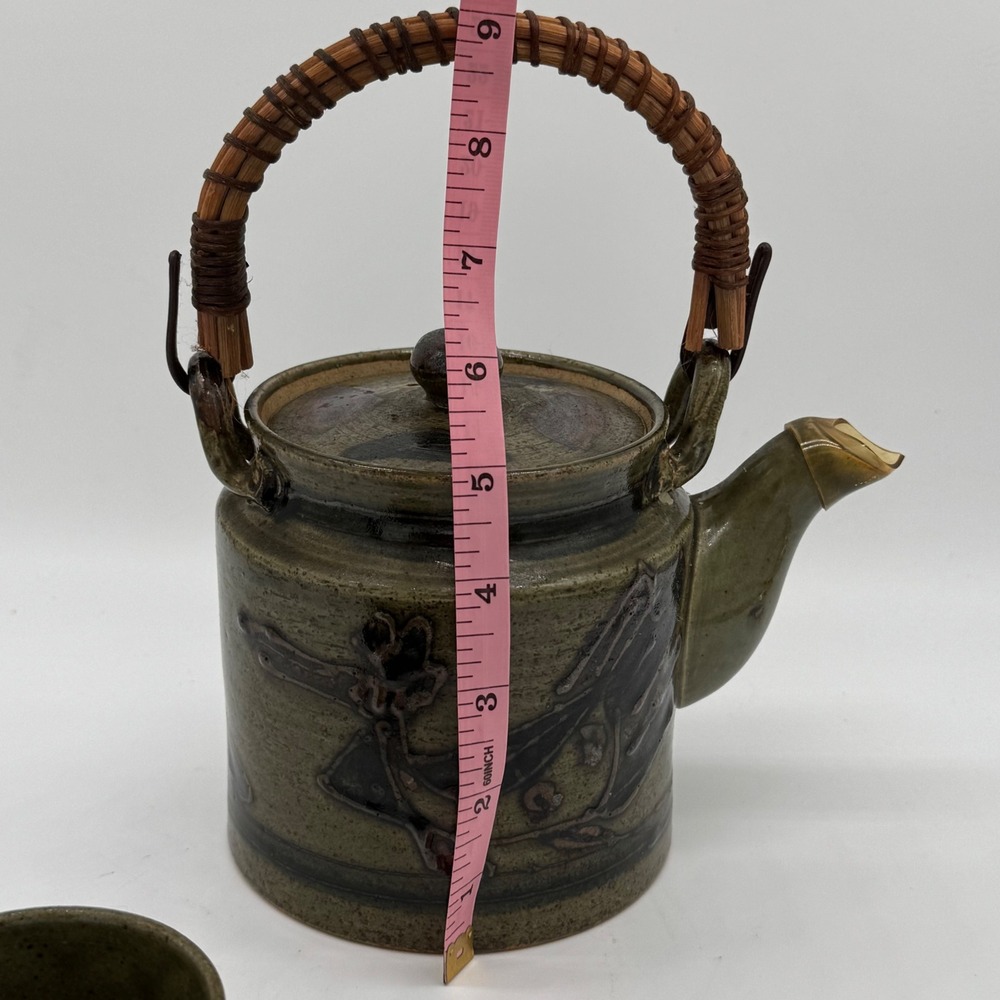 Vintage Japanese Studio Pottery Teapot 3 Cup Set Wabi Sabi Reed Cane Handle - Picture 10 of 12